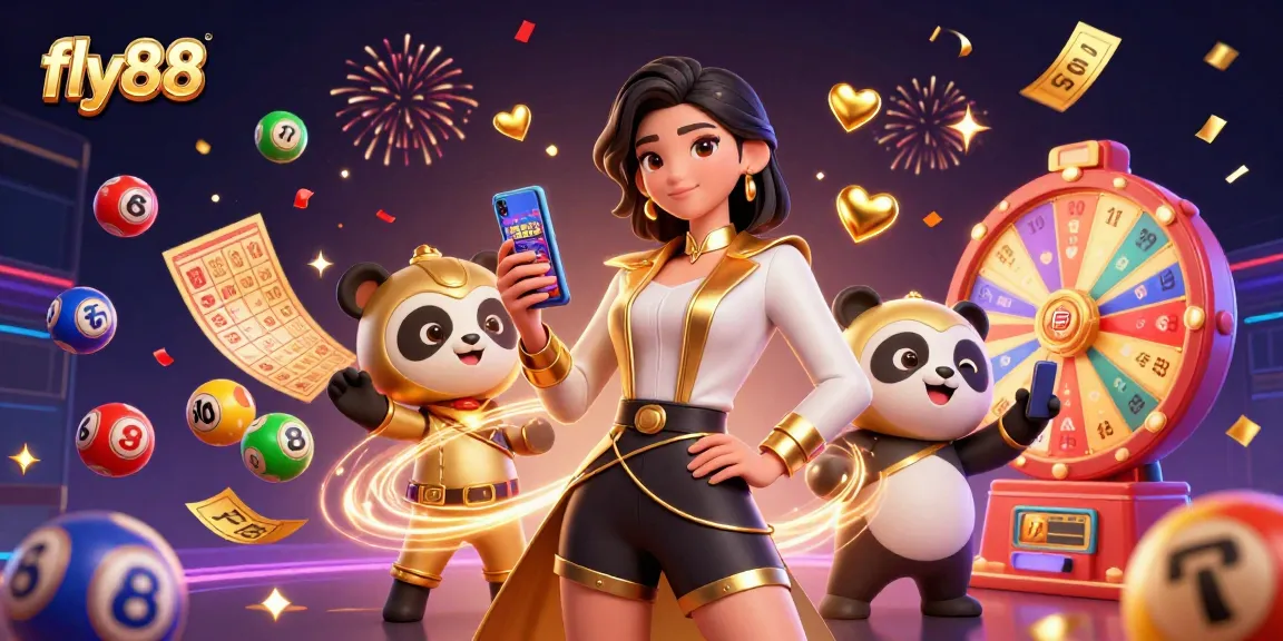Fly88 welcomes players with a dynamic casino scene featuring a stylish woman using a smartphone and a playful panda mascot.
