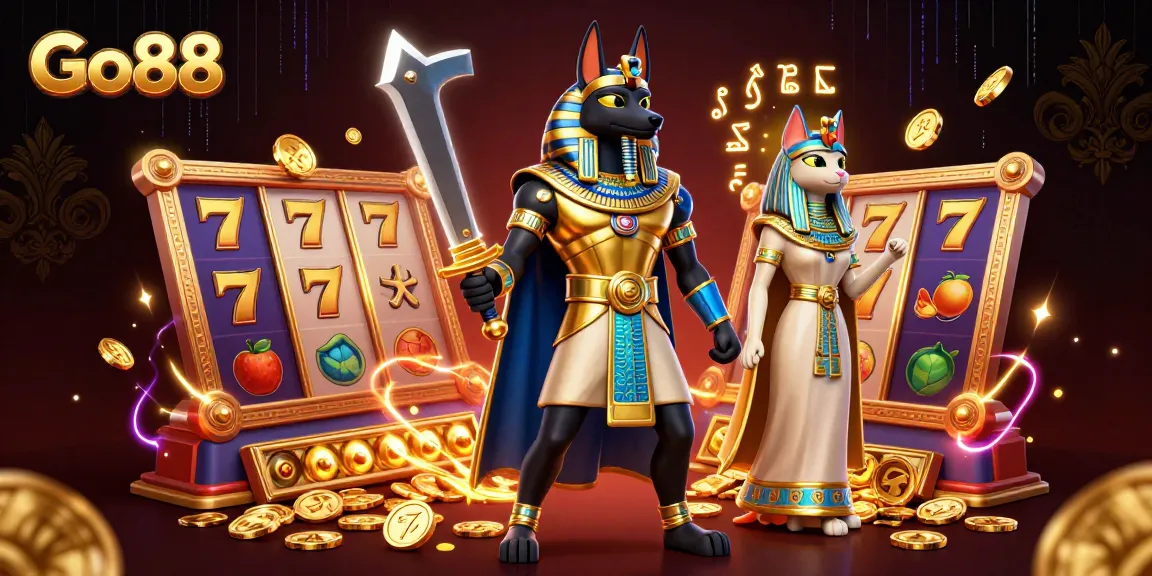 Experience Go88's thrilling slot games in a vibrant 3D scene featuring Anubis and Bastet.