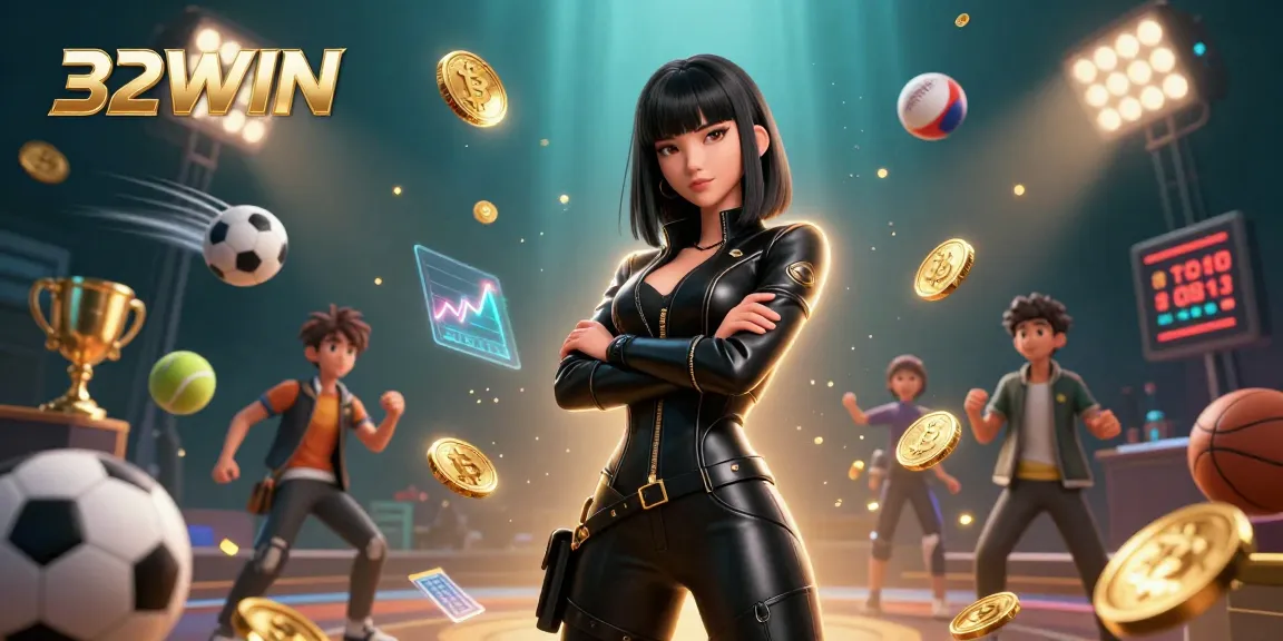 32WIN delivers an immersive gaming experience featuring stunning Asian woman in a futuristic casino environment.