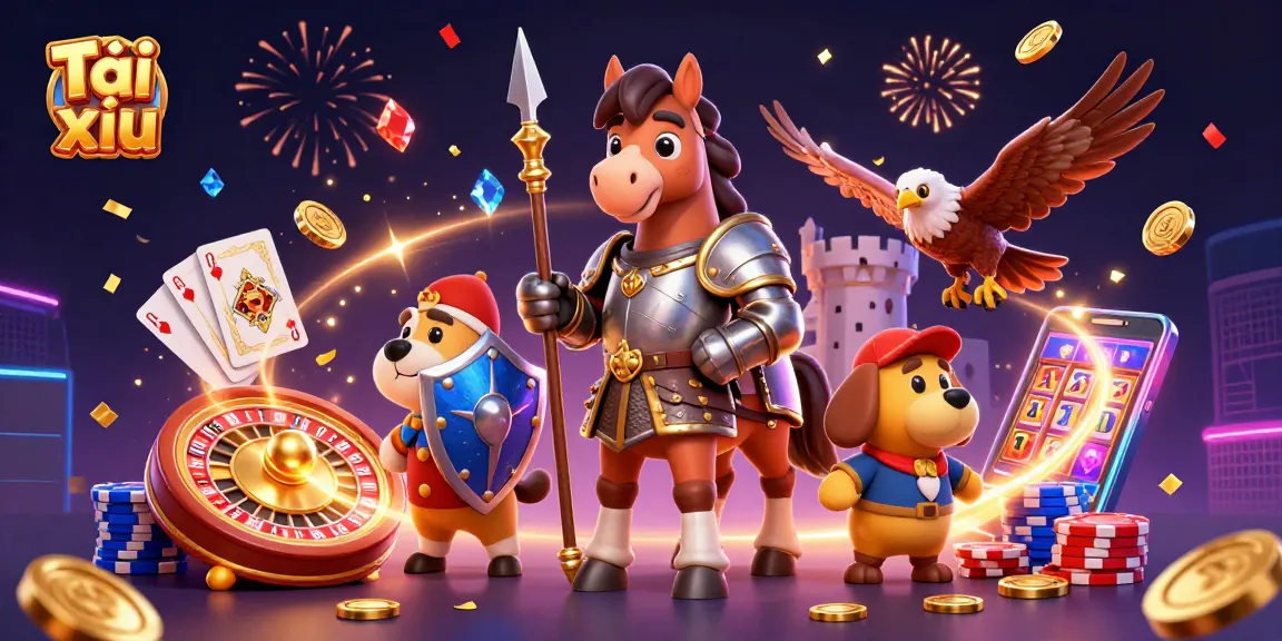 Engage in Tài xỉu excitement with a colorful scene of knights and coins in a vibrant casino atmosphere.