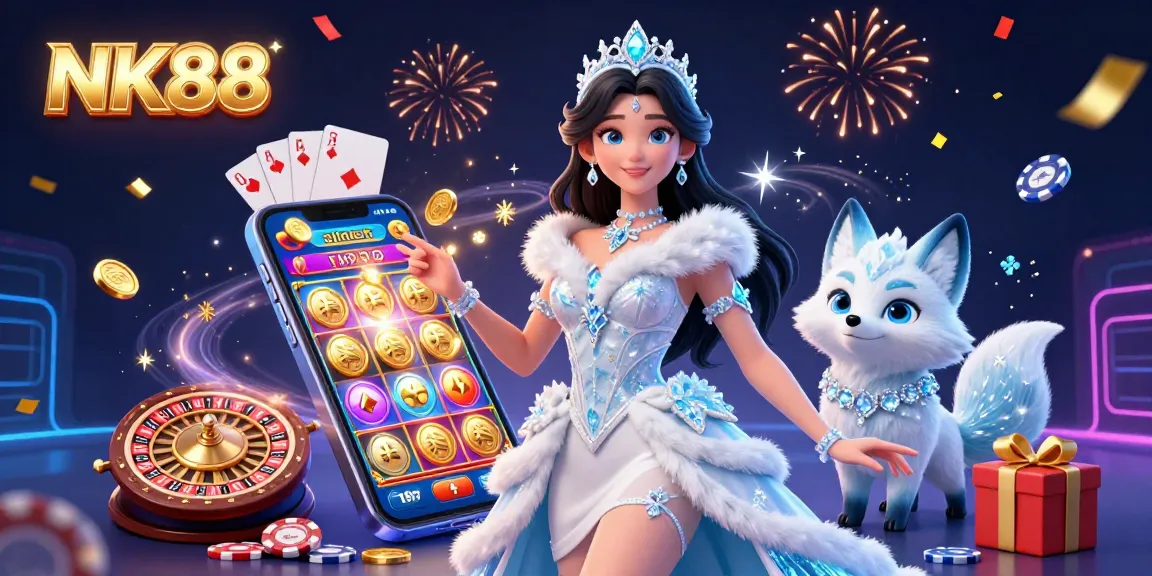 Experience the excitement at NK88 with 3D visuals of vibrant slot games and sparkling casino elements.