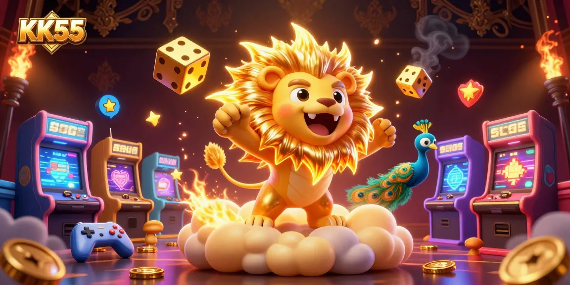 Experience the thrill of KK55 with vibrant casino gaming elements and a dynamic 3D illustration.