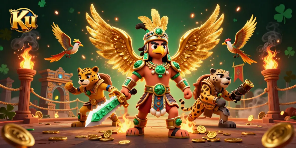 Experience the thrill of Ku with this vibrant 3D casino illustration showcasing Aztec warriors and gaming elements.