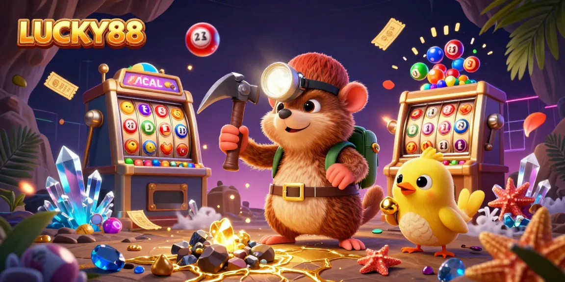 Experience LUCKY88 thrills with a vibrant treasure hunter scene filled with slot machine excitement.