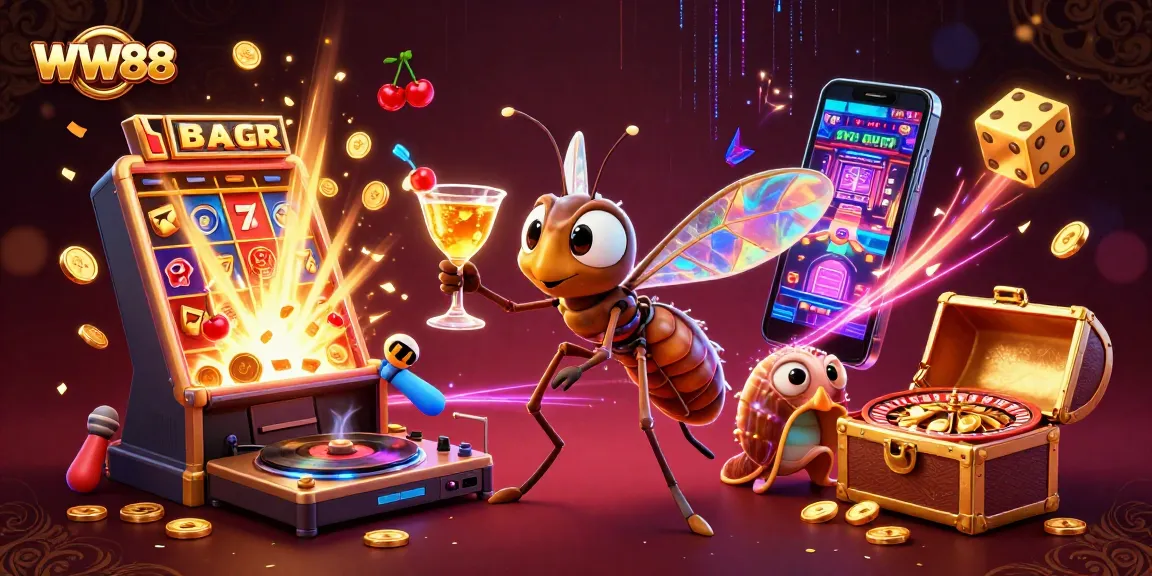 Engage in thrilling casino gameplay with the lively mascot representing WW88 amidst dynamic casino elements.