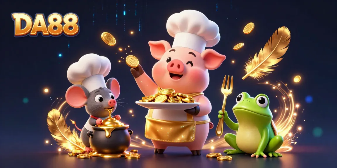 Bet big with DA88 at this vibrant casino scene featuring a chef pig serving gold coins.