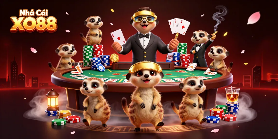Experience thrilling action at Nhà Cái XO88's vibrant casino, featuring charming meerkat characters in a bustling gaming scene.