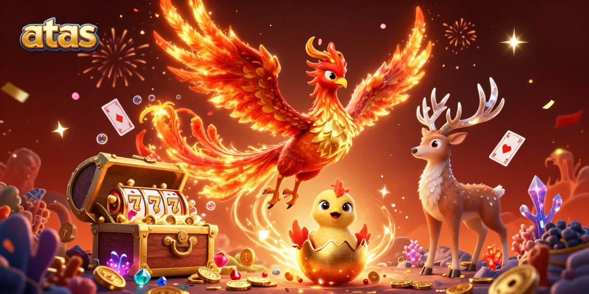 Engage in thrilling games at atas Casino, where a majestic phoenix and baby hatch among dazzling treasures.