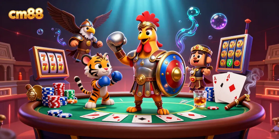 Engage in high-stakes poker action at cm88 with gladiator mascot and colorful chips.