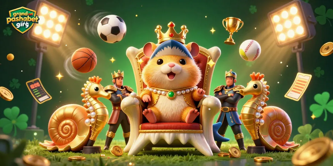 Engage with grandpashabet giriş as a golden hamster king rules from a megalodon throne, surrounded by vibrant sports elements.