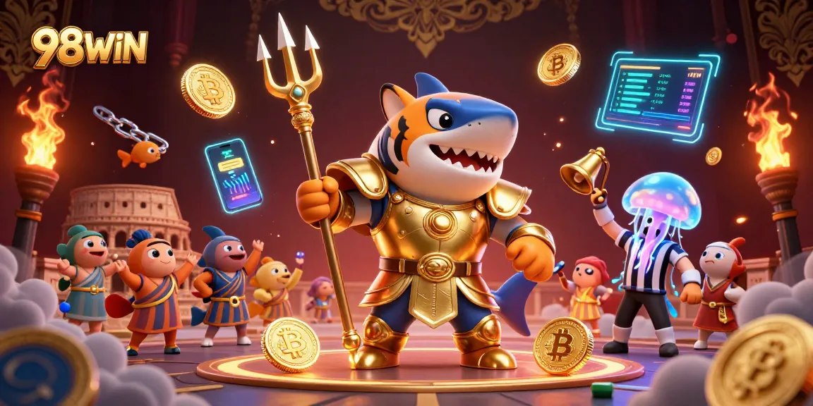 Experience thrilling gameplay at 98WIN with a vibrant animated underwater scene and crypto-themed elements.