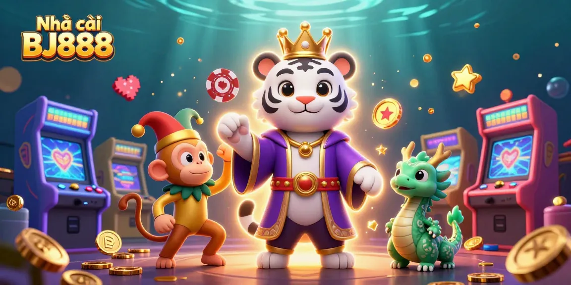 Engage in thrilling gameplay at Nhà cái BJ888 with a dazzling 3D casino scene featuring a royal tiger, jester monkey, and jade dragon.