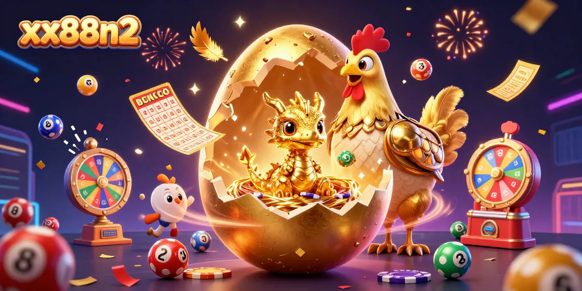 Win big at xx88n2 as the golden baby dragon reveals treasure on a nest of chips amidst a colorful gaming explosion.