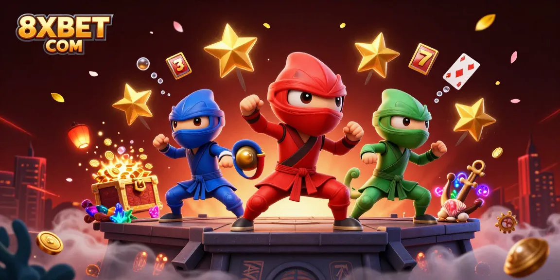 Explore vibrant slot celebrations at 8XBET COM with ninja chameleons, gold coins, and exciting games.