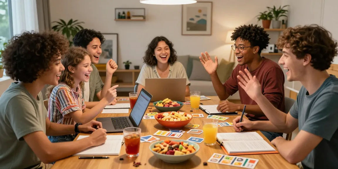 Fun quiz session with friends testing their Quiz Allgemeinwissen in a lively home setting.