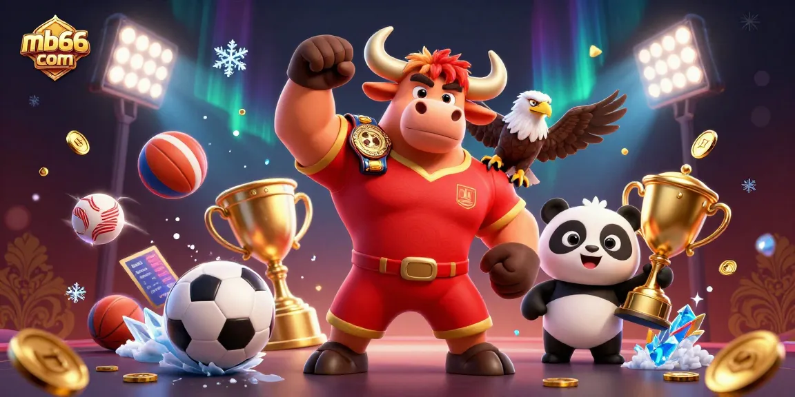 Engage in thrilling gameplay with mb66 com, featuring a jubilant bull mascot, eagle, and panda in a dynamic casino scene.