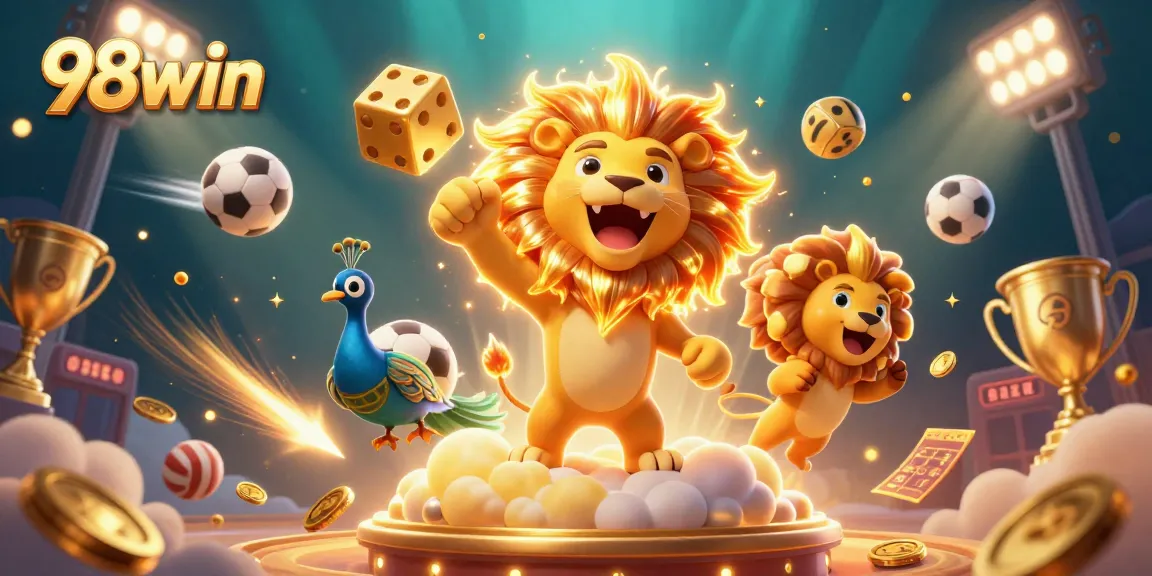 Bet on thrilling games with 98win, featuring a roaring sun lion and dynamic sports elements.