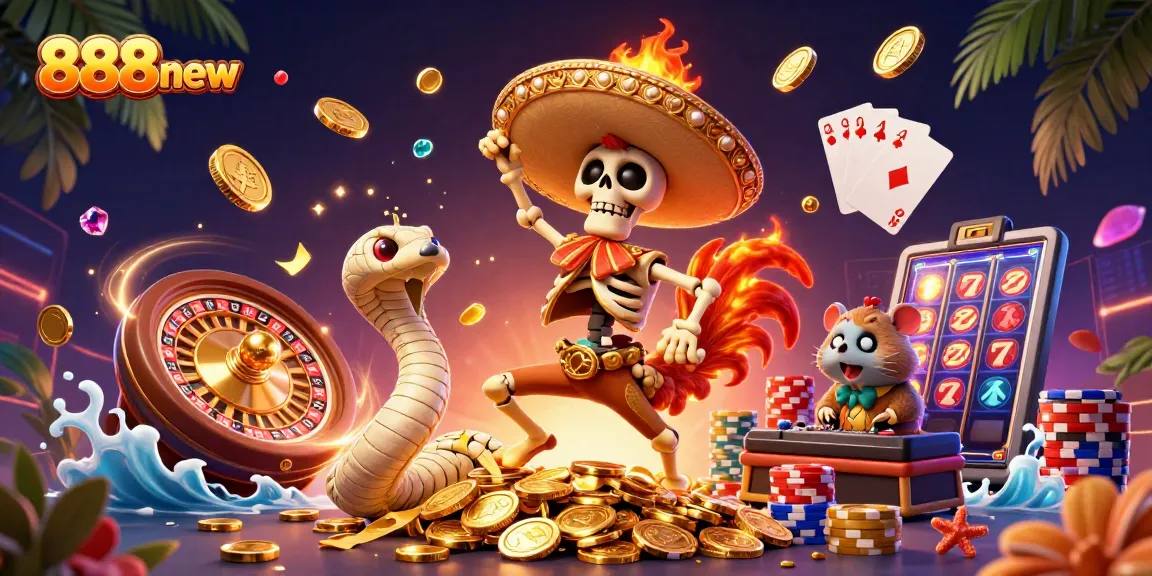 Experience the thrilling world of 888new with vibrant gaming characters amidst cascading coins and jackpots.