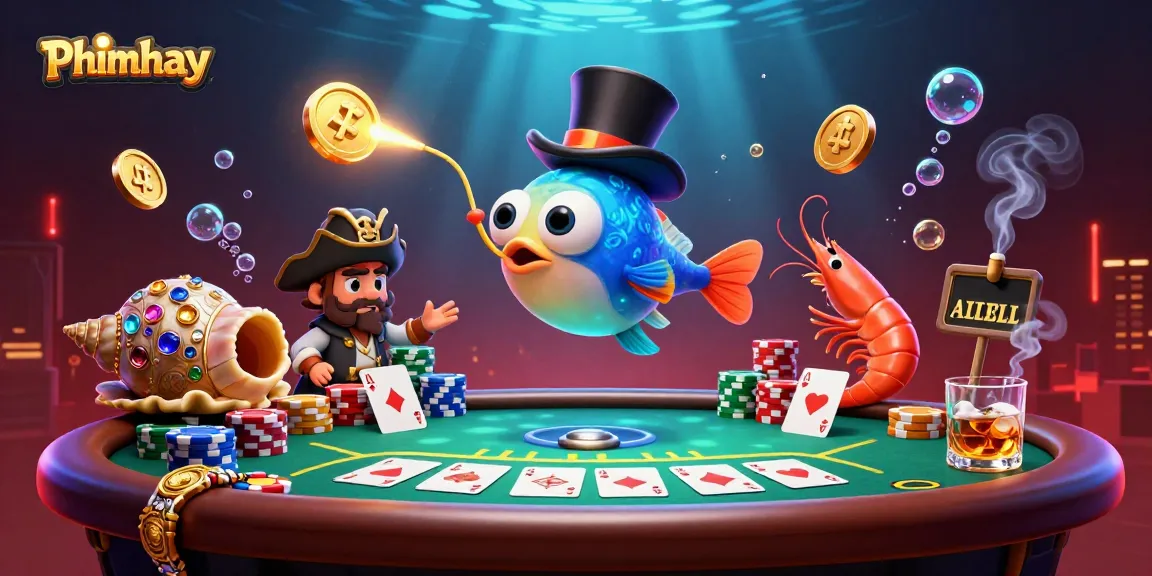 Engage with Phimhay's vibrant casino-themed illustration featuring deep-sea characters amidst poker action and treasures.