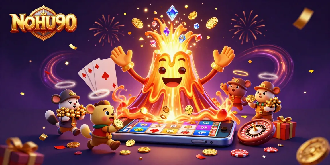 NOHU90 captures excitement with a vibrant casino scene of winning treasures and colorful games.