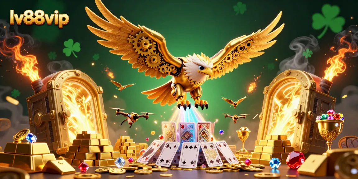 Engage in thrilling gameplay at lv88vip with dynamic holographic poker cards cascading around a golden eagle.