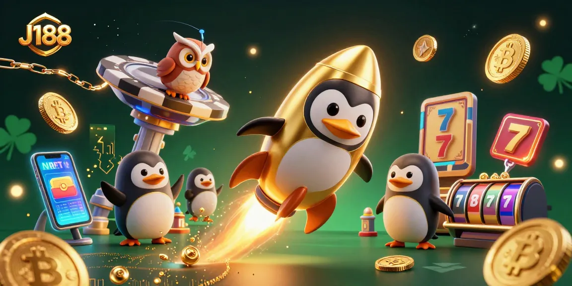 Engage with J188's dynamic casino experience, highlighted by golden penguin, poker chip casino, and crypto elements.