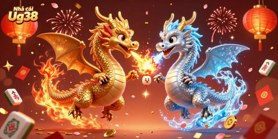 Engage with Nhà cái Ug38 through a vibrant 3D illustration featuring gold and silver dragons, embodying online casino excitement.