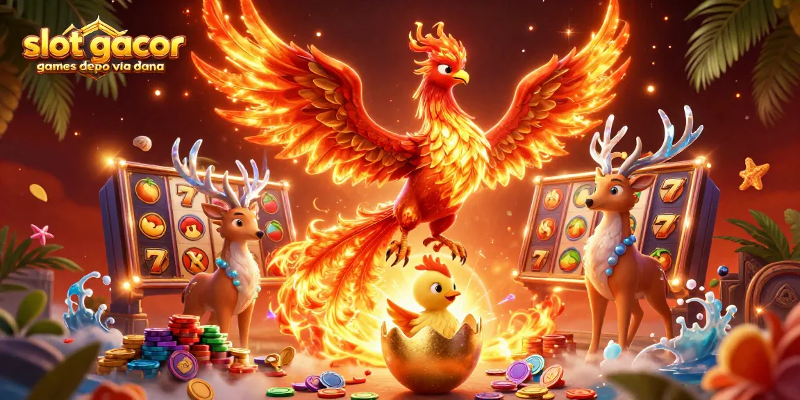 Win big with slot gacor games depo via dana, featuring vibrant 3D phoenix and slot elements.