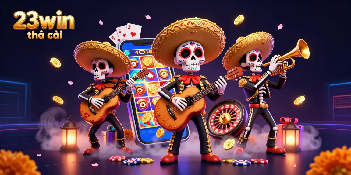 Engage with 23win nhà cái in this vibrant 3D illustration showcasing online casino excitement and colorful game elements.
