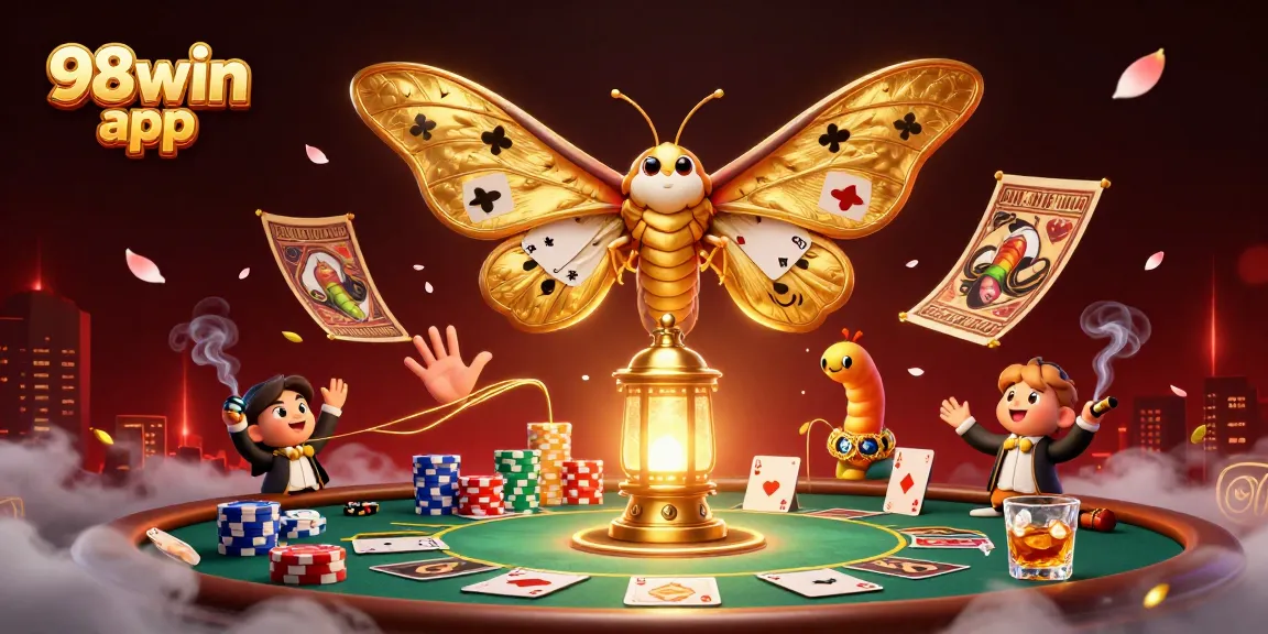 Engage with the vibrant 98win app featuring a 3D atlas moth in a rich casino scene.