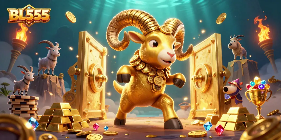 Engage with thrilling gaming excitement at BL555, featuring vibrant golden ram amidst jewels and treasures.