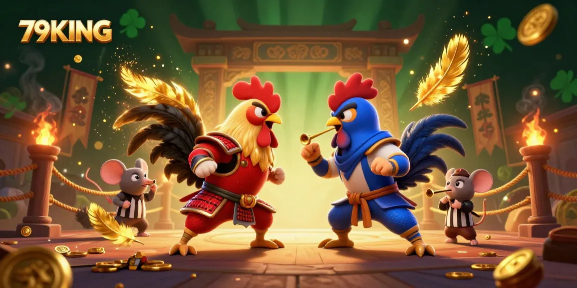 79KING gaming action showcasing twin fighting roosters in a vibrant casino battle scene.