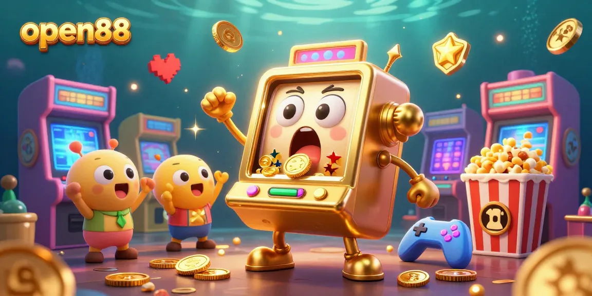 open88 slot machine hits jackpot while coins pour out, featuring colorful arcade games and celebratory elements.