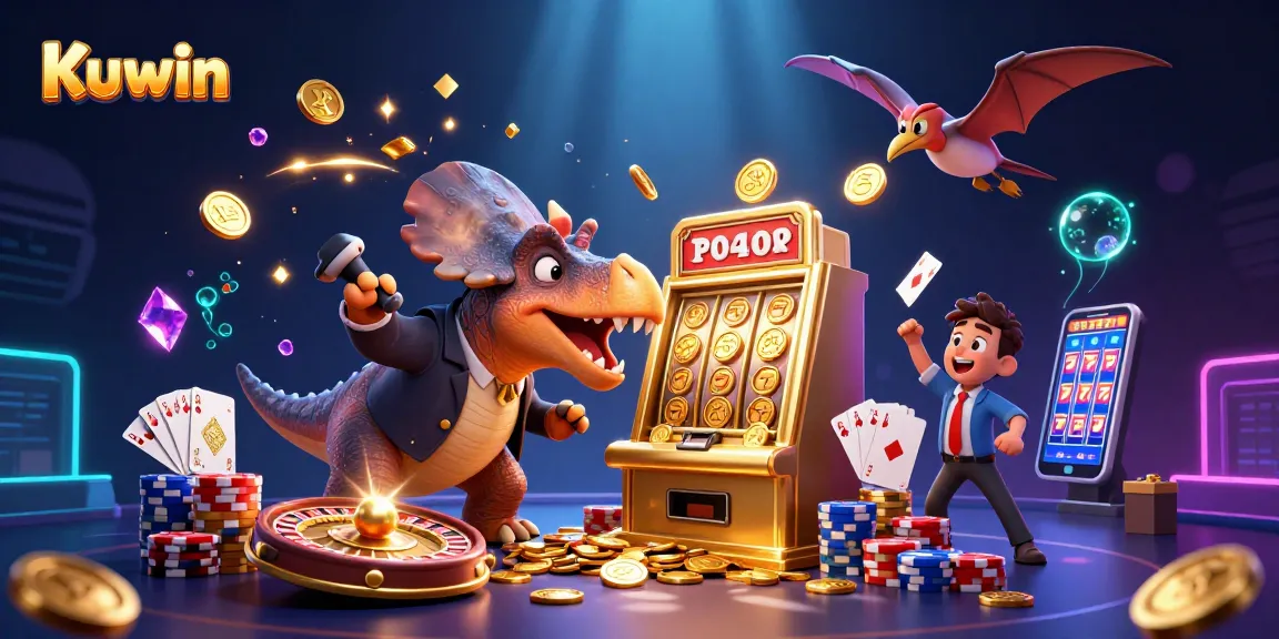 Kuwin showcases a vibrant casino scene with cartoon dinosaurs interacting with golden slot machines.