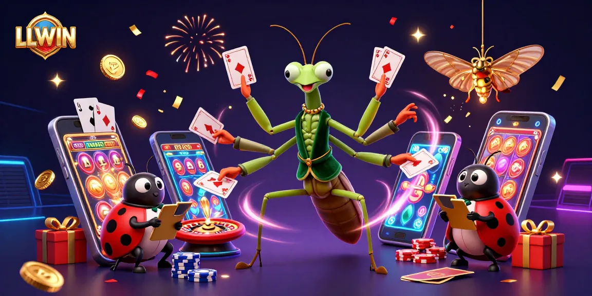 LLWIN engaging scene with a giant praying mantis dealing cards amidst colorful casino elements.