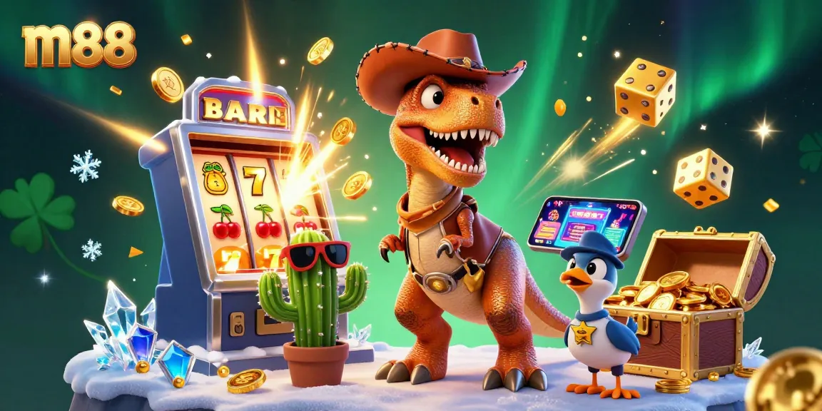 Experience the excitement at m88 with a vibrant slot machine explosion and dynamic characters in a busy casino scene.