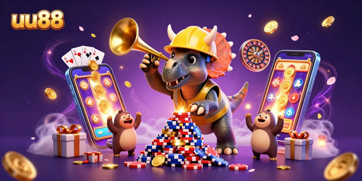 uu88 slot game scene with a triceratops building poker chip pyramid amidst celebratory characters.