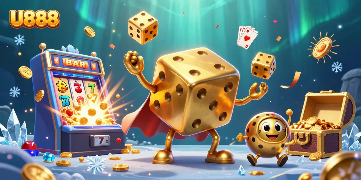 U888 offers a vibrant scene of animated golden dice and slot machines, epitomizing online gaming excitement.