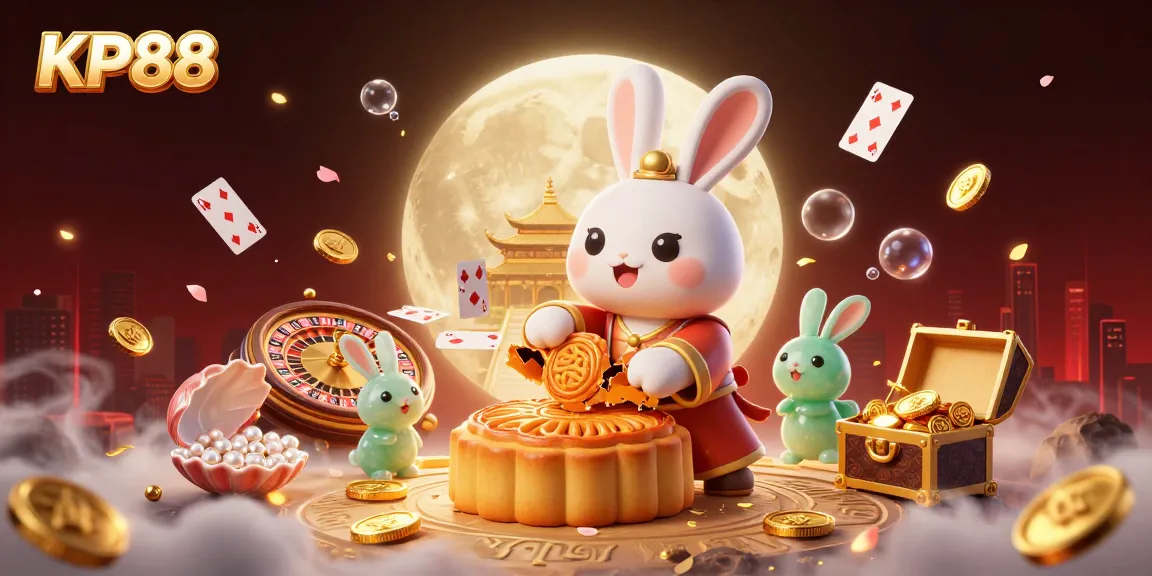 Experience KP88 with a vibrant 3D casino scene featuring moon rabbits and poker elements.