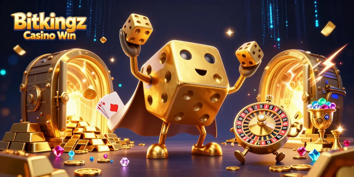 Gewinne beim Bitkingz Casino Win mit goldenen Würfeln und funkelnden Schätzen.
