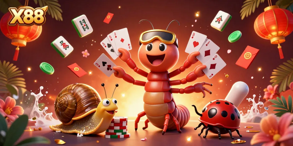 X88 offers thrilling gameplay with a cartoon millipede dealer presenting unique card games.