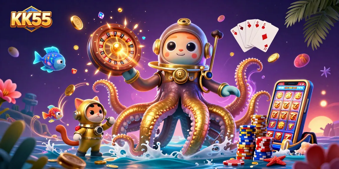Experience the thrill of KK55 with a vibrant, multi-character casino adventure illustration.