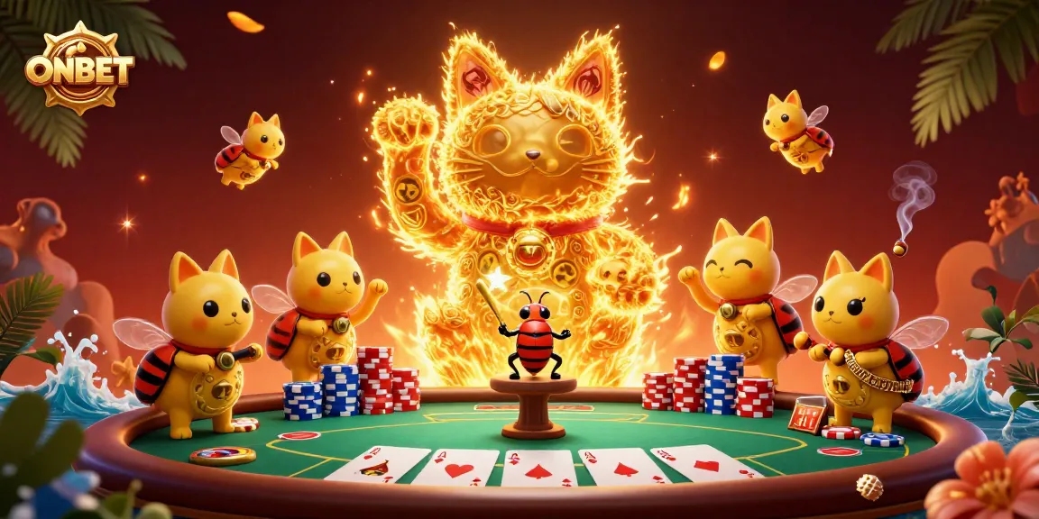 Engage with ONBET casino through a lively 3D scene of a whimsical lucky cat and poker elements.