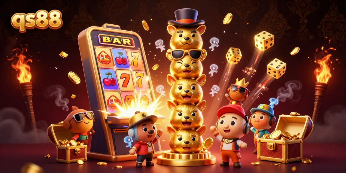 Experience excitement with qs88 in this vibrant 3D casino scene featuring a golden totem and slot machine.