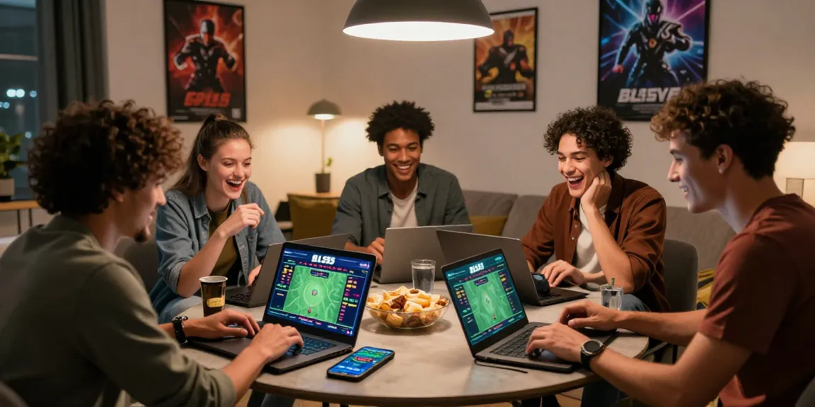 Diverse friends enjoying online betting on bl555, strategizing with laptops and snacks in a cozy setting.