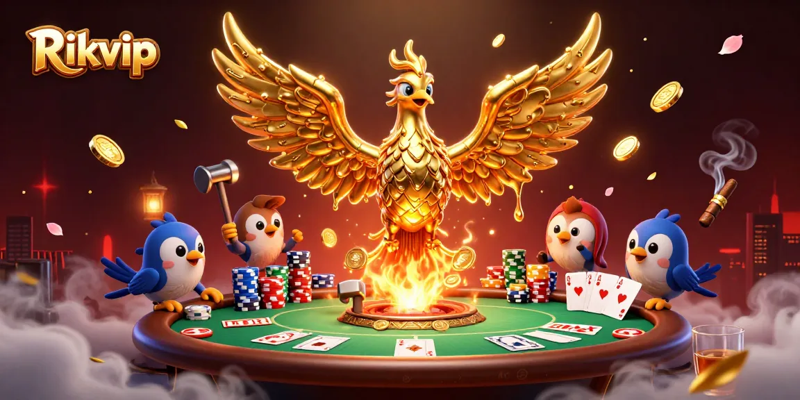 Experience the exhilarating games at Rikvip with a vibrant illustration of a golden phoenix among poker elements.