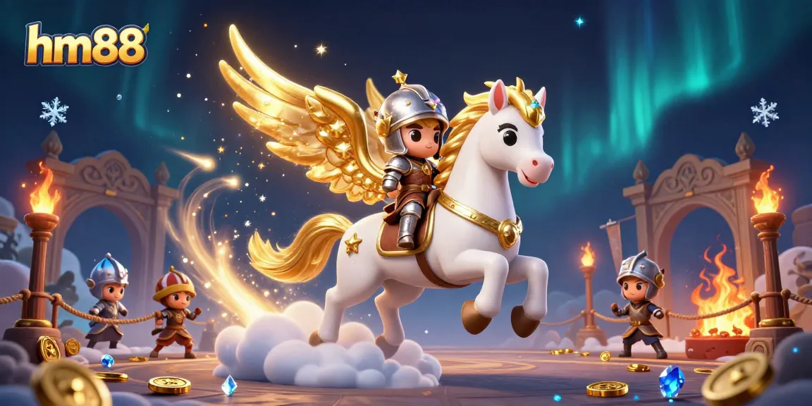 Experience thrilling gameplay at hm88 with a celestial horse and armored knight in a vibrant casino setting.