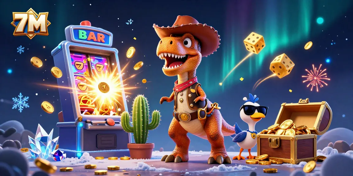 Experience the thrill of 7M with a cartoon T-Rex and vibrant casino elements bursting with action.