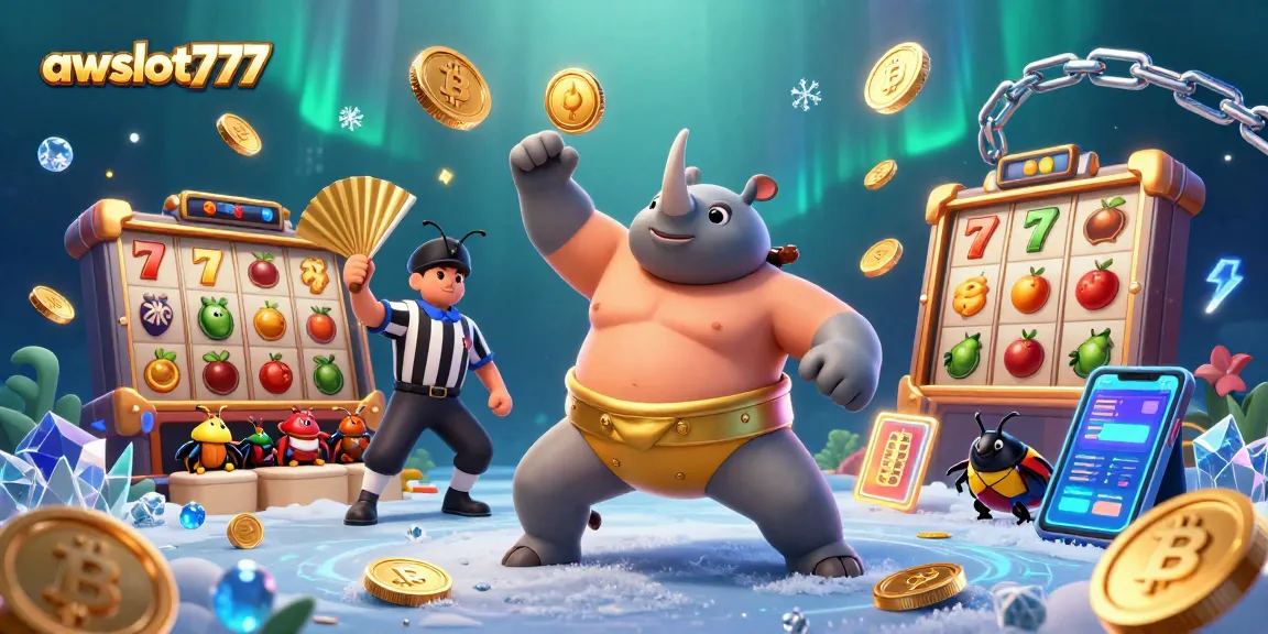 Bets and wins at awslot777 in an animated scene with a beetle champion and gold coins, slots, and crypto.
