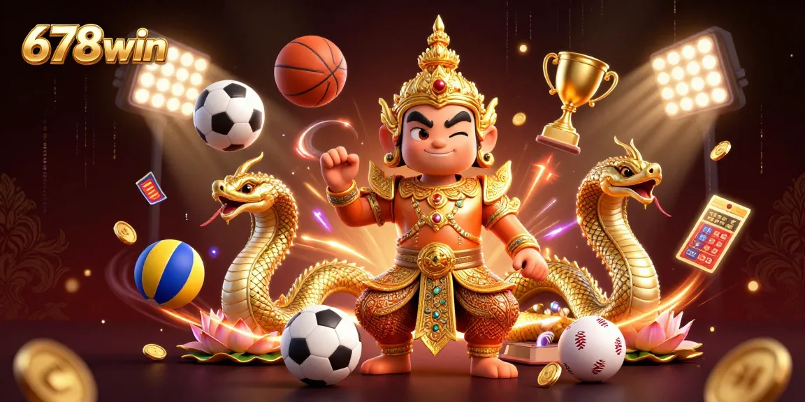 Engage in thrilling bets with 678win's vibrant casino illustration featuring dynamic sports elements.